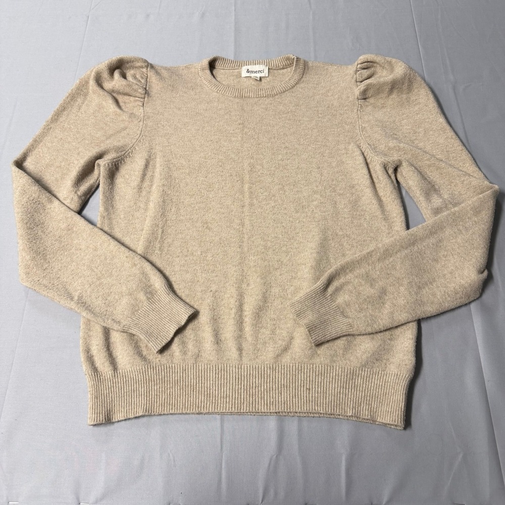 &merci Womens Puff Shoulder Crew Neck Sweater Oatmeal Beige Size Medium Pullover